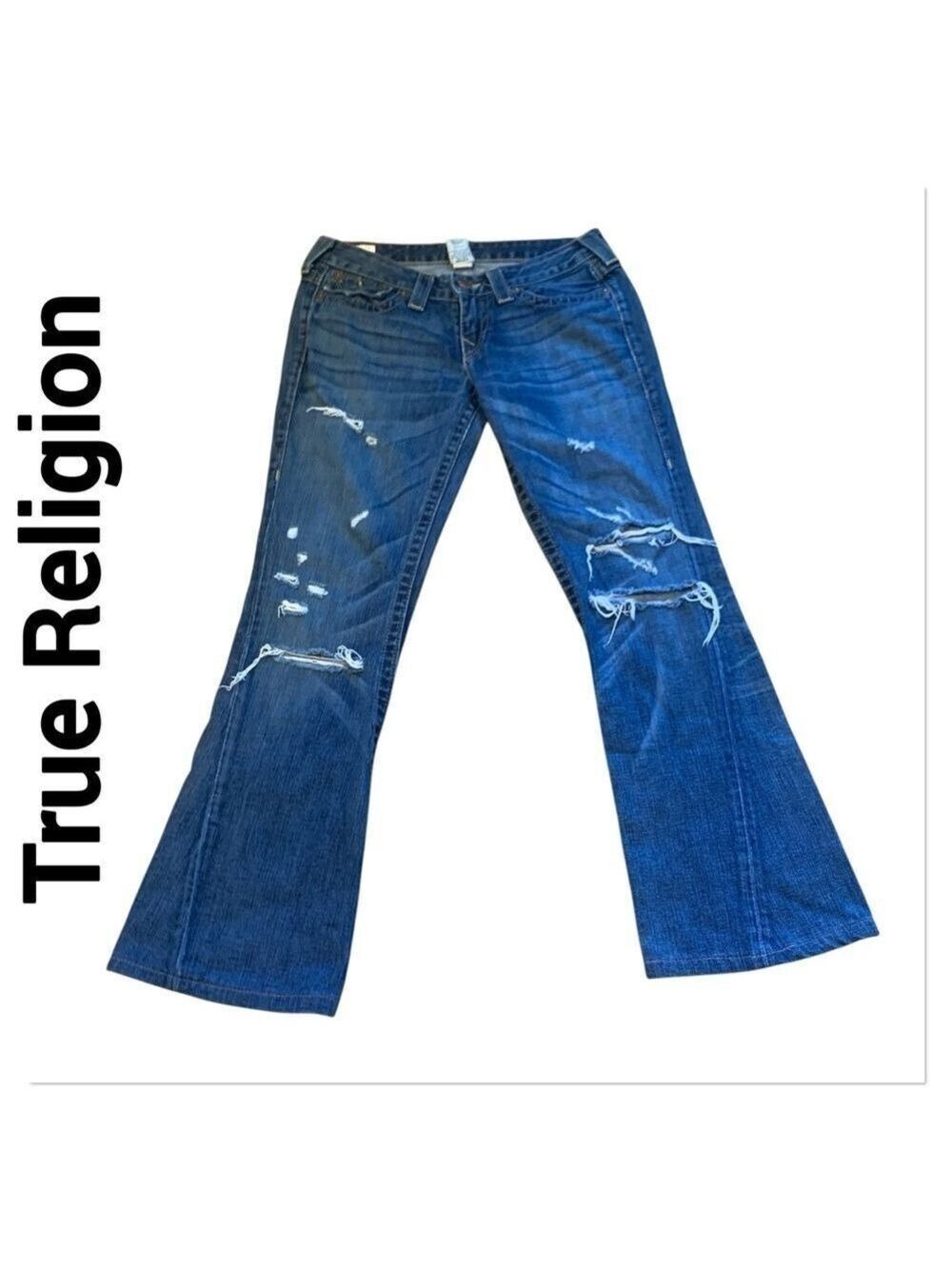 TRUE RELIGION Joey Dark Hollow First Edition Distressed Wide Leg Jeans 28